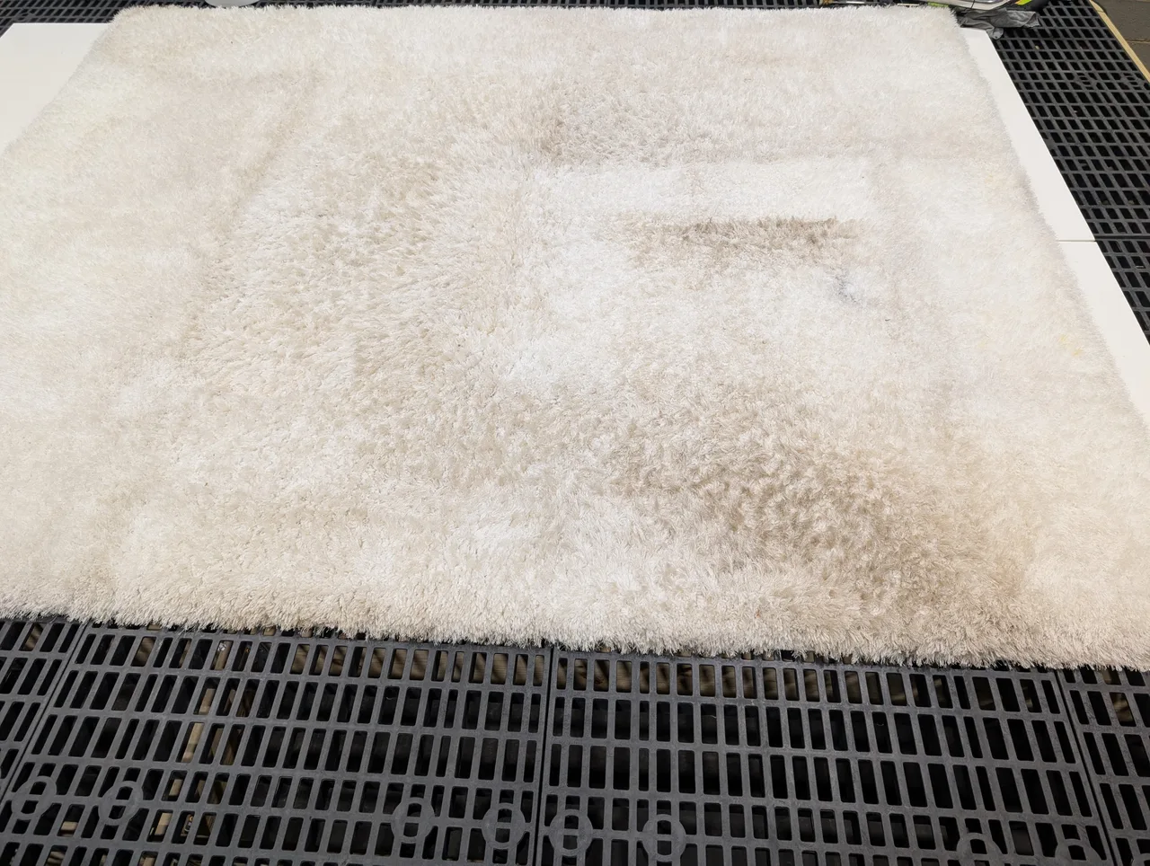 Shag area rug before cleaning, dingy and discolored